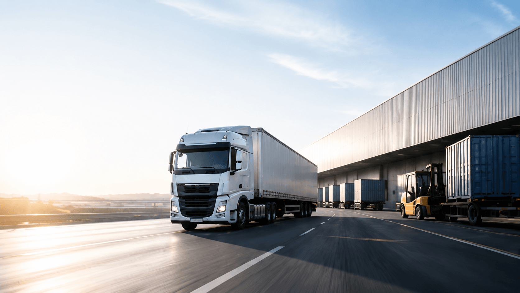 Lkw vor einem modernen Logistikzentrum mit Lagerhallen und Frachtcontainern